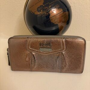 Coach Madison Metallic Bronze Leather Zip Wallet with Coach Plaque